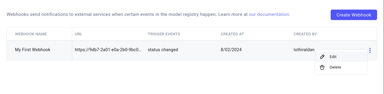 Webhook tab