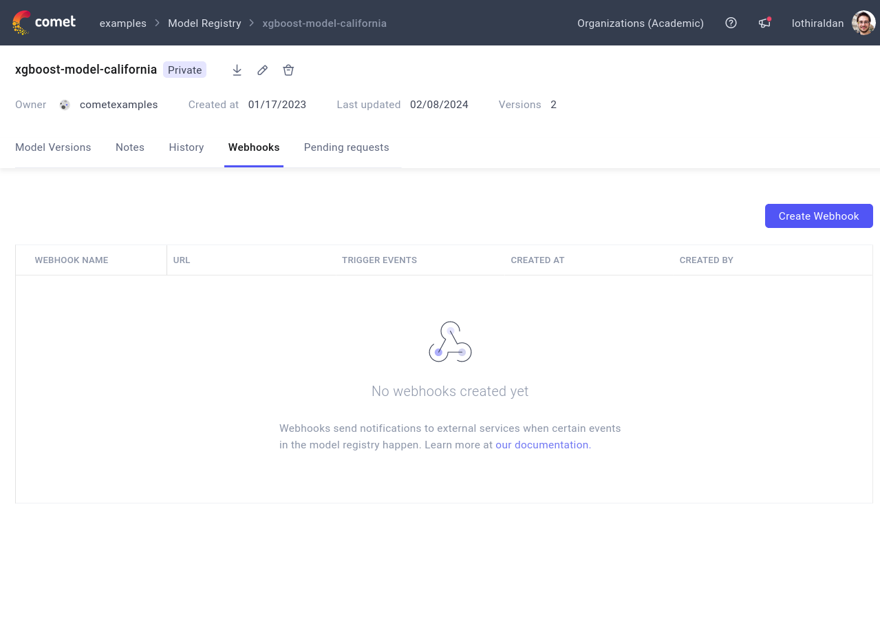 Webhook tab