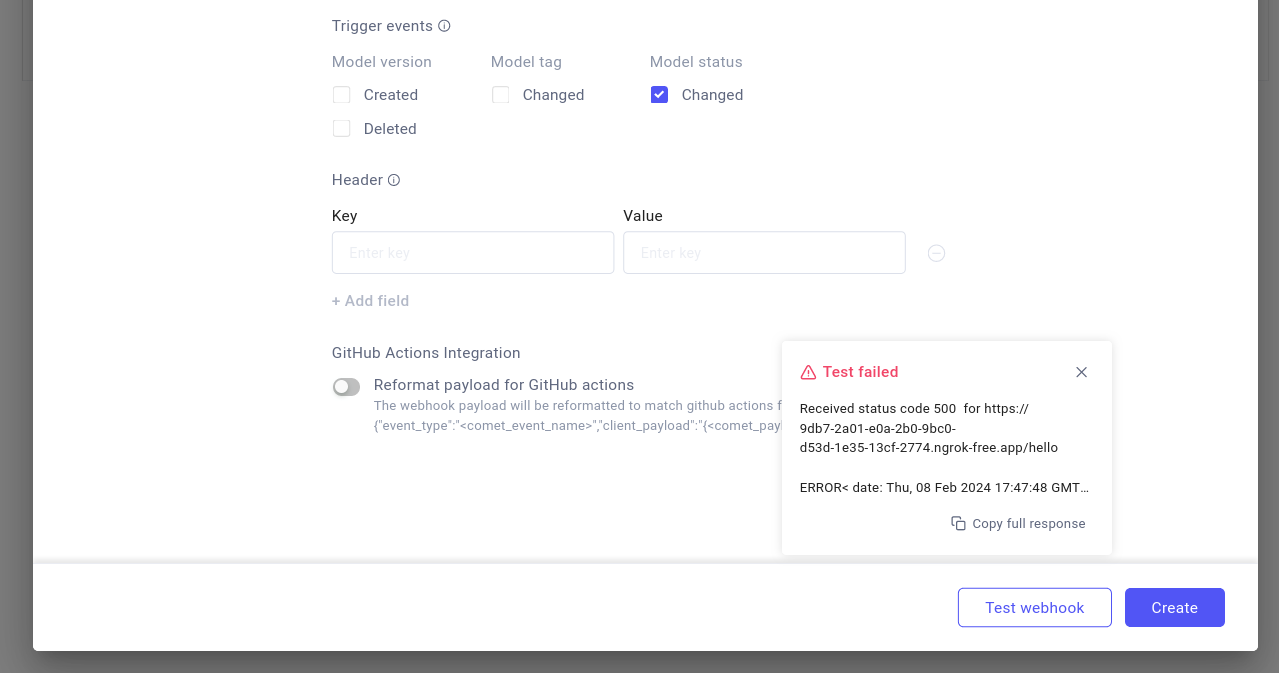 Webhook test fails